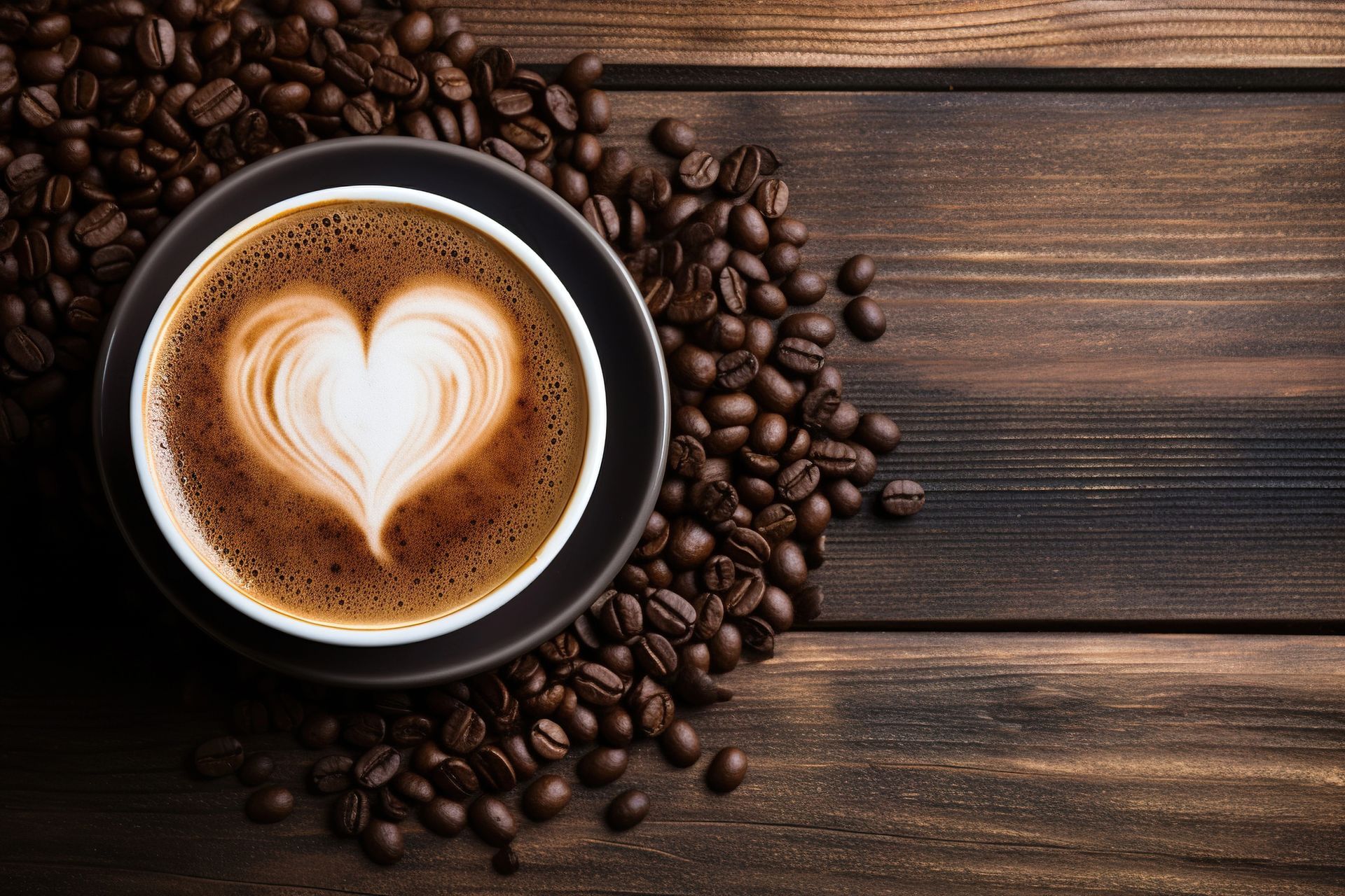 Tazza di caffè con latte art a forma di cuore su una superficie di legno circondata da chicchi di caffè.