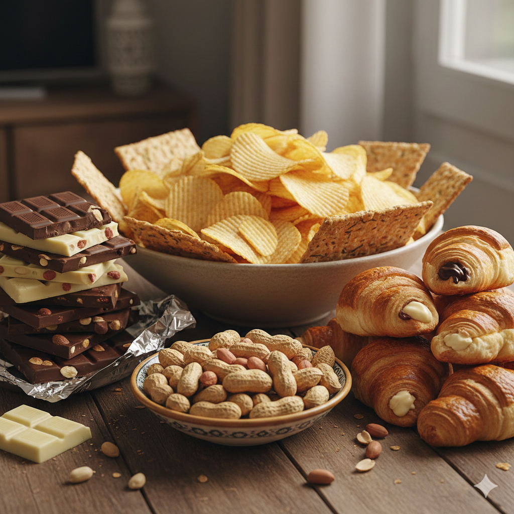 Snack: patatine, barrette di cioccolato, arachidi, cracker e croissant su un tavolo di legno.