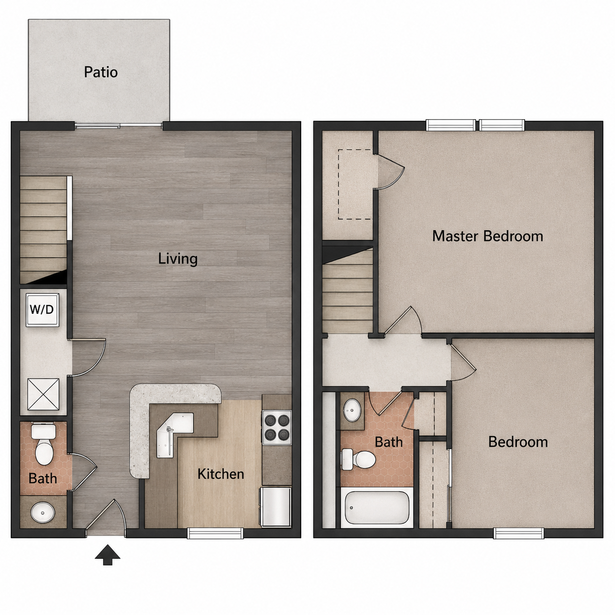 Two-bedroom apartment floor plan with living room, kitchen, bath, master bedroom, bedroom, and patio.