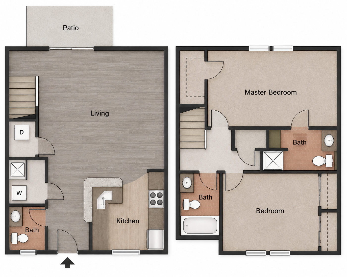 Floor plan of a two-bedroom townhouse with patio, kitchen, living room, and two bathrooms.