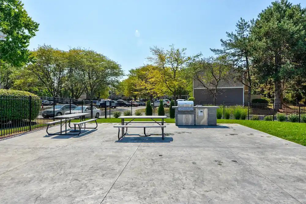 Empty park picnic area with tables, concrete pad, trees, and a trash bin under a clear sky
