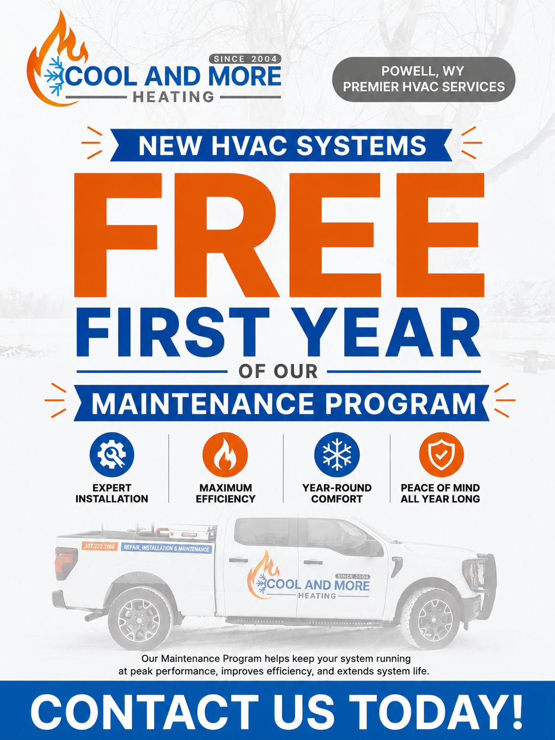 HVAC promotion with large orange “FREE FIRST YEAR” text and “Contact Us Today!” call to action