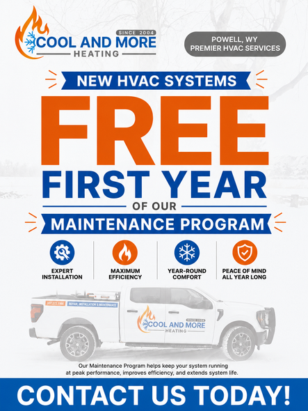 HVAC promotion with large orange “FREE FIRST YEAR” text and “Contact Us Today!” call to action