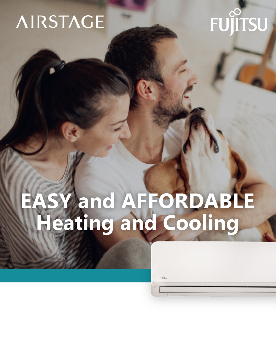 Fujitsu Airstage ad showing a smiling couple indoors with text “Easy and Affordable Heating and Cooling”
