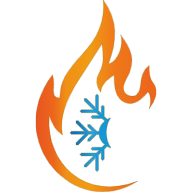 Orange flame encircling a blue snowflake icon on a white background