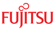 Fujitsu logo in red text with a stylized red infinity symbol above the name