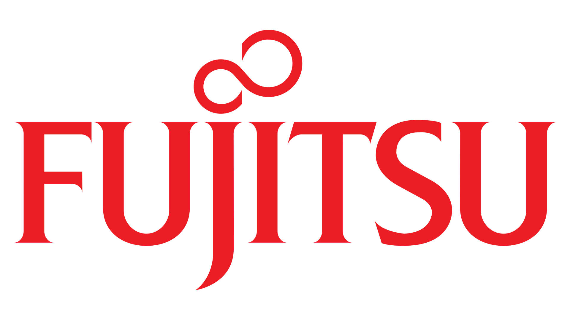 Fujitsu logo in red text with a stylized red infinity symbol above the name
