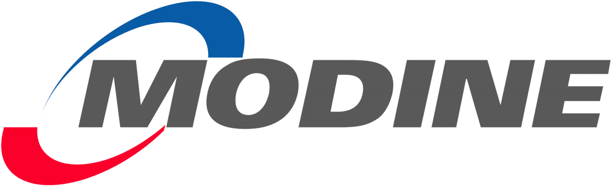 Modine logo in gray italic text with red and blue swoosh accents