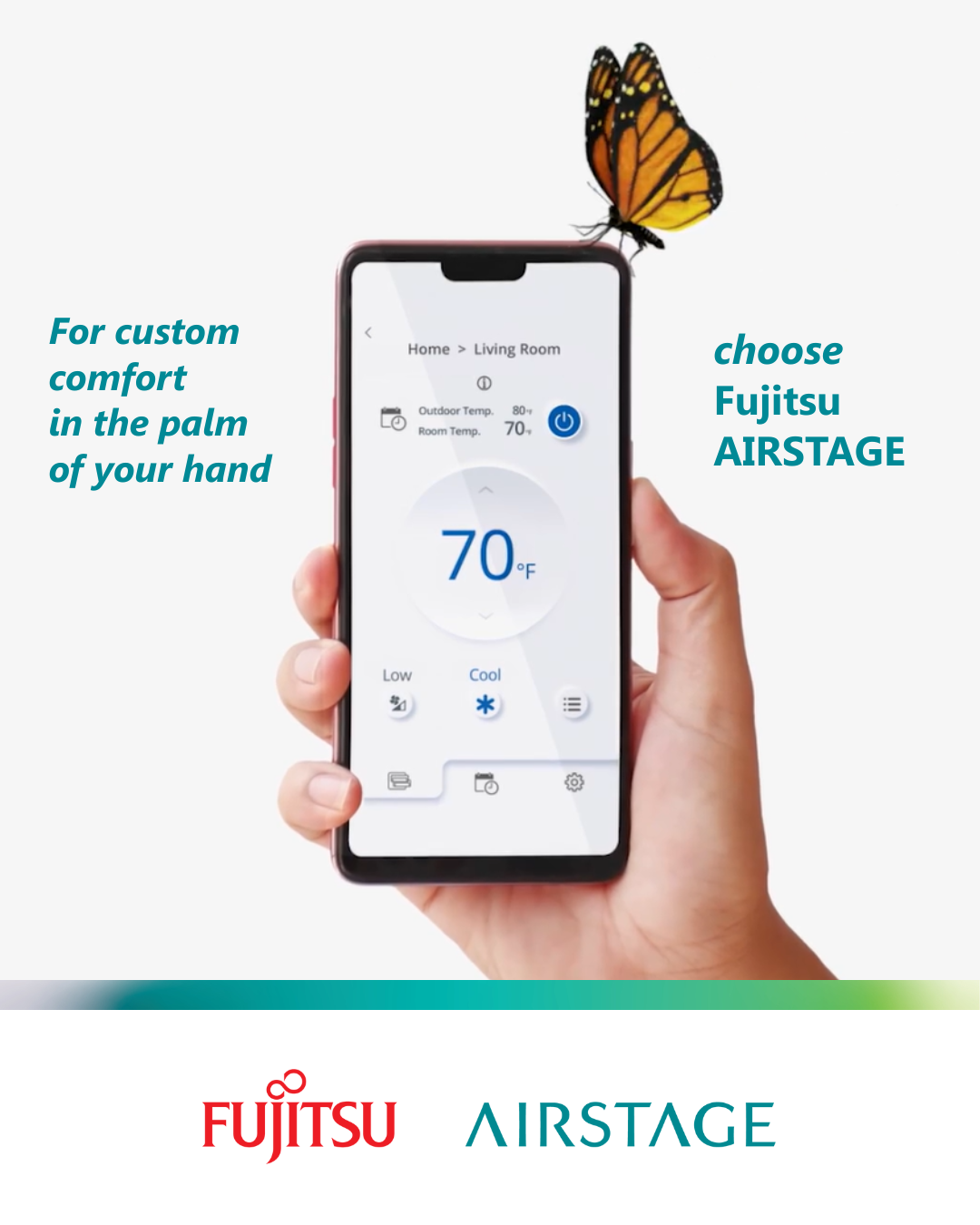Hand holding a smartphone with Fujitsu Airstage app, butterfly above, and text about custom comfort.