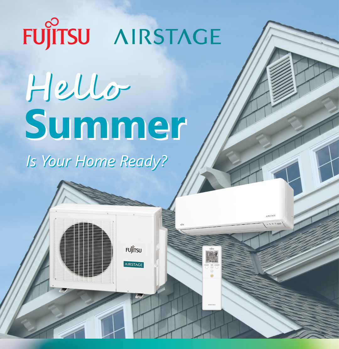 Fujitsu Airstage ad with air conditioner units and “Hello Summer” text over a house exterior.