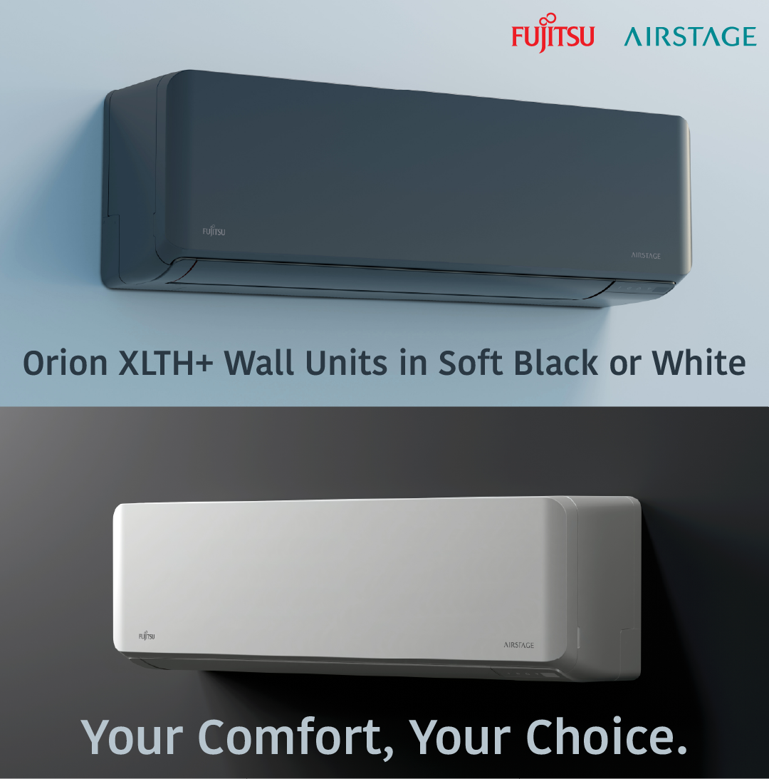 Fujitsu Airstage wall units in soft black and white, labeled “Your Comfort, Your Choice.”