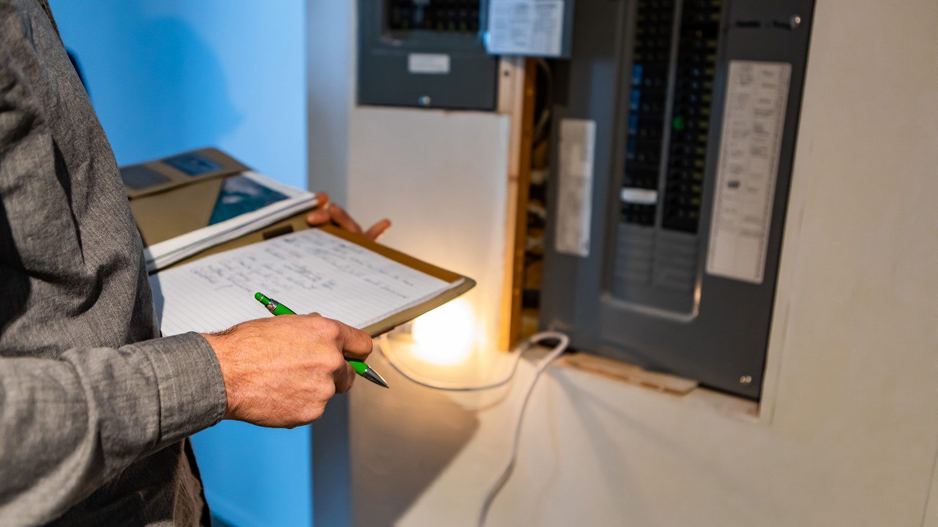 A man is holding a clipboard and a pen in front of an electrical box.
