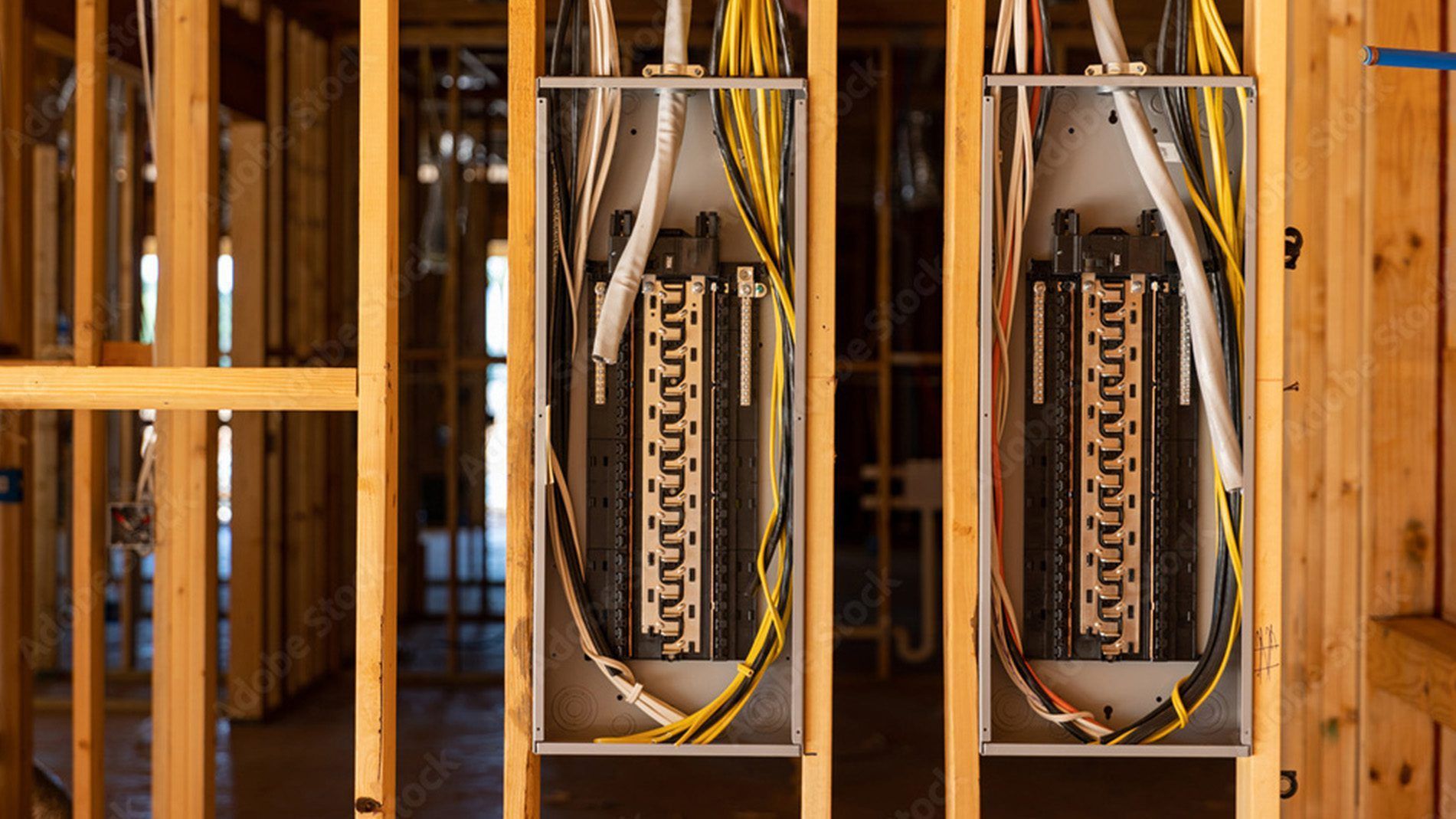 There are two electrical panels in the wall of a house under construction.