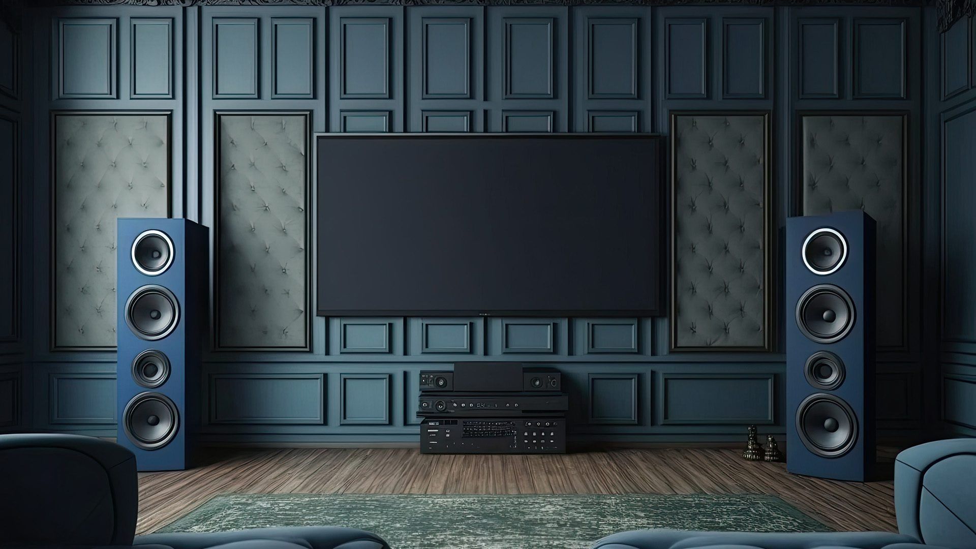 A living room with a flat screen tv and speakers.