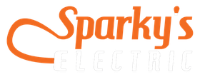 The logo for sparky 's electric is orange and white.