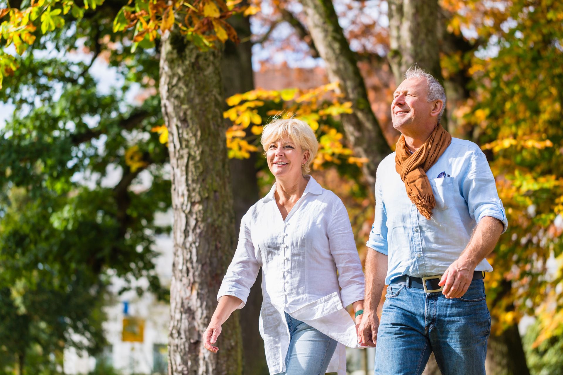 Two people walking together in a sunlit park with autumn trees