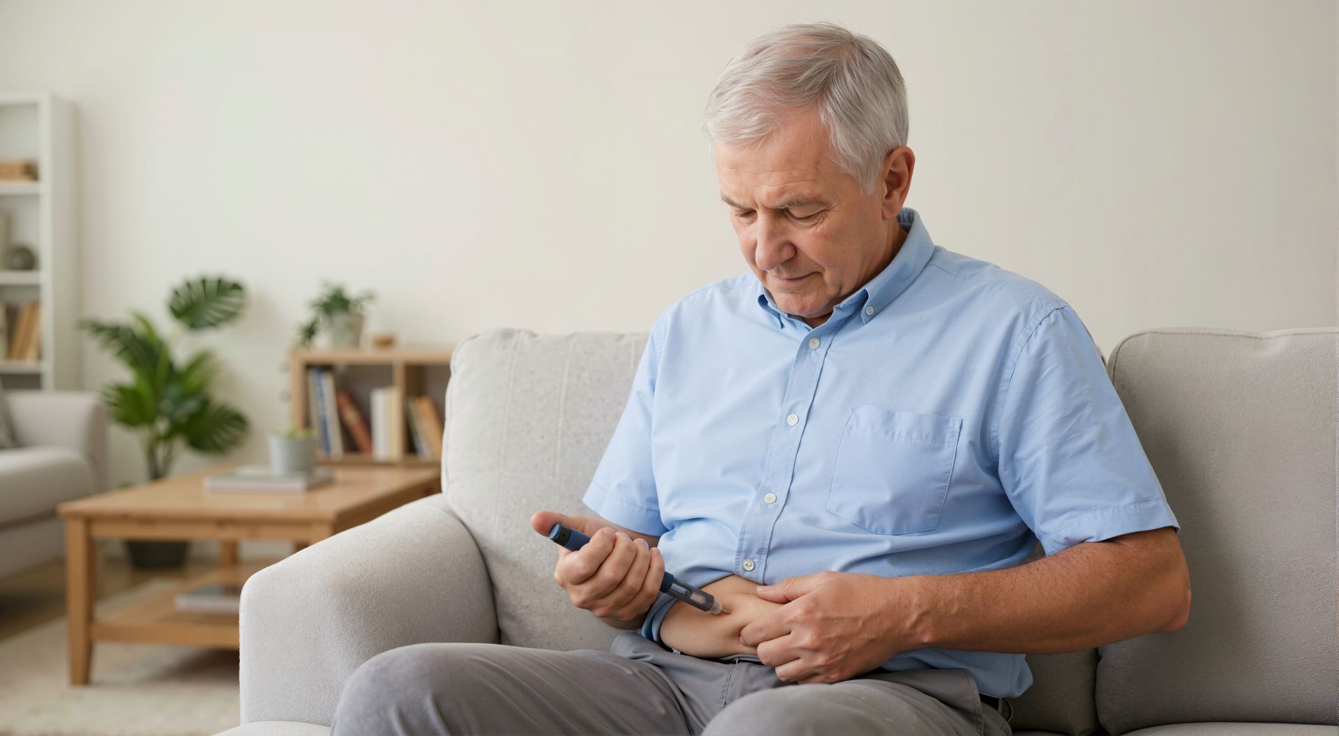Man sitting on a couch, looking at a smartphone in a bright living room.