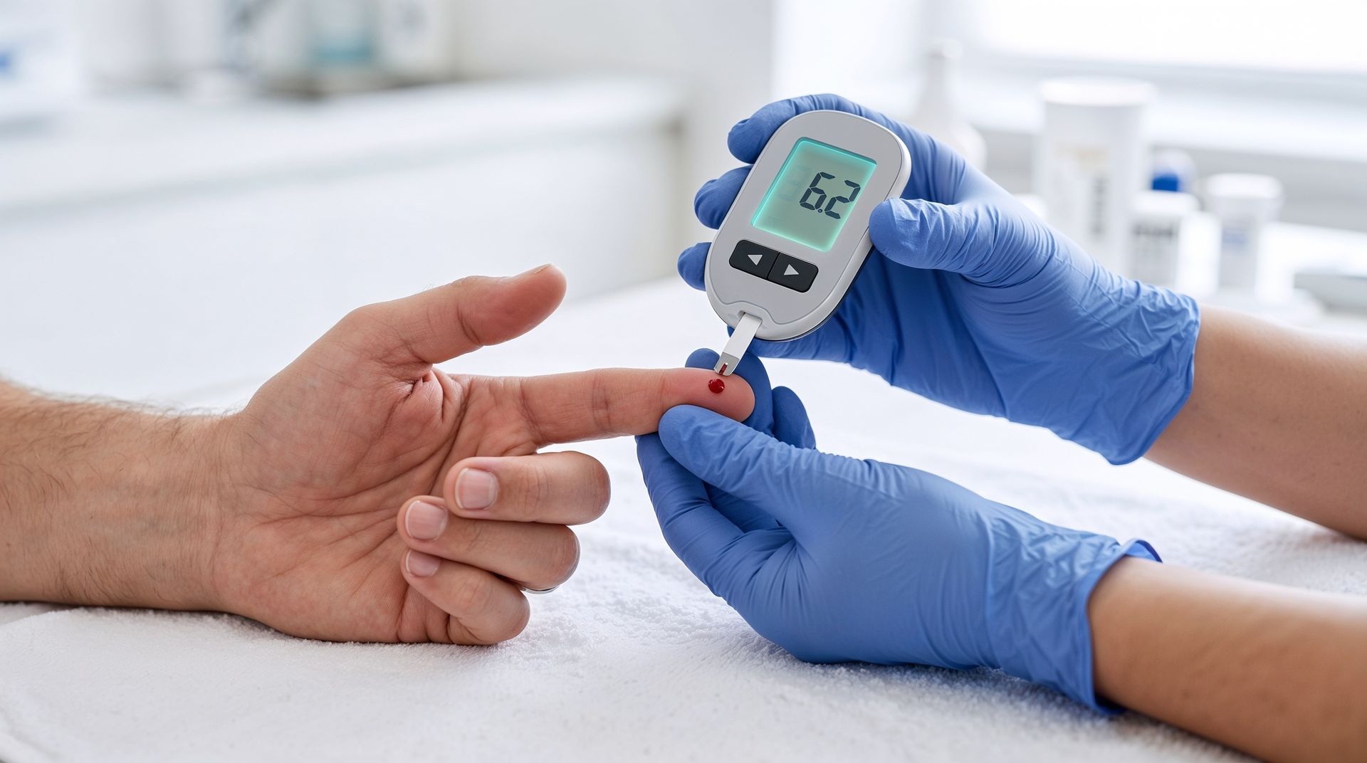 Healthcare worker checks patient’s blood sugar with a glucometer on a finger