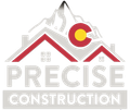 Precise Construction logo with red roof and Colorado mountain graphic