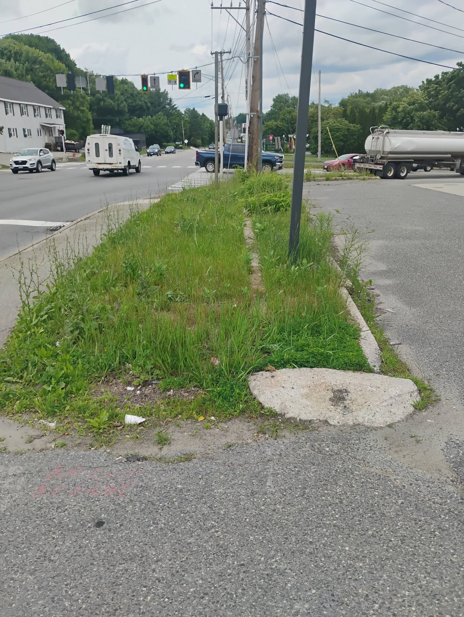 Grassy roadside median at a busy intersection with traffic lights, cars, and a tanker truck on the right.