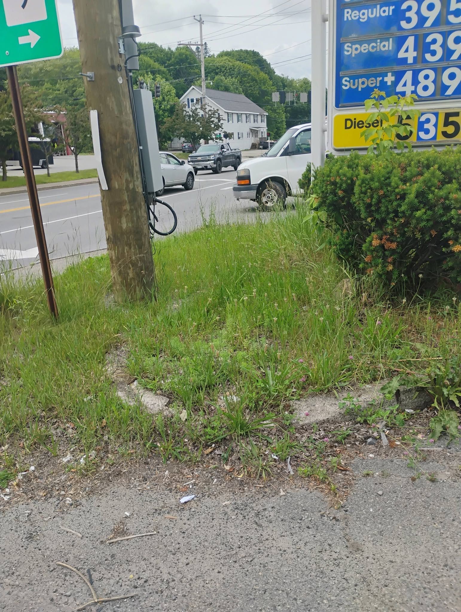 Gravel roadside with overgrown weeds beside a road, parked white car, and gas station price sign