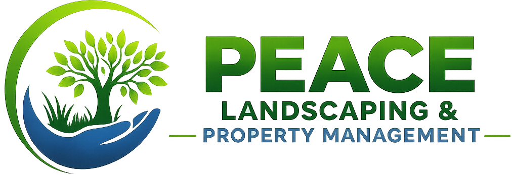 Peace Landscaping & Property Management logo with green tree and blue wave design