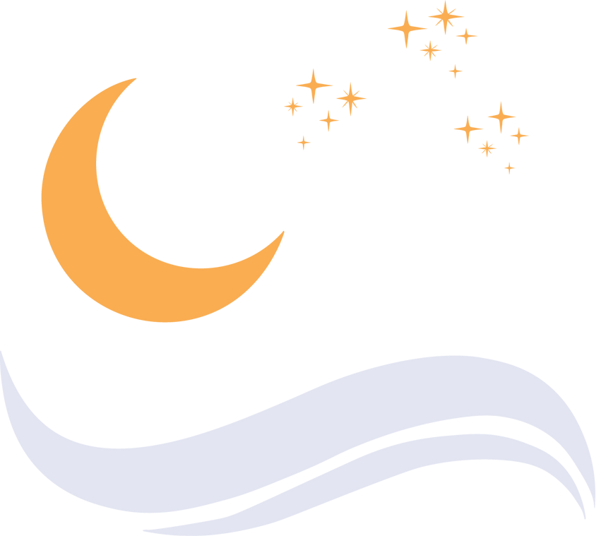 Pale blue crescent moon, stars, and stylized wave on white background.