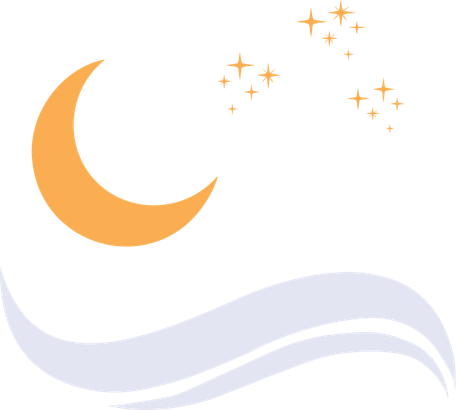 Pale blue crescent moon, stars, and curved line, likely a stylized wave, against white background.