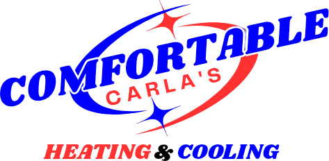 Logo for Comfortable Carla’s Heating & Cooling in blue, red, and black text with a red swoosh