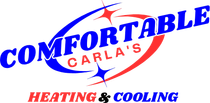 Logo for Comfortable Carla’s Heating & Cooling in blue, red, and black text with a red swoosh