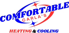 Logo for Comfortable Carla’s Heating & Cooling in blue, red, and black text with a red swoosh