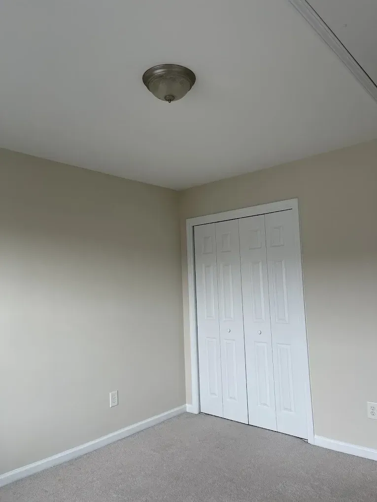 A corner of a room with beige walls, gray carpet, a white bi-fold closet door, and a flush-mount ceiling light fixture.
