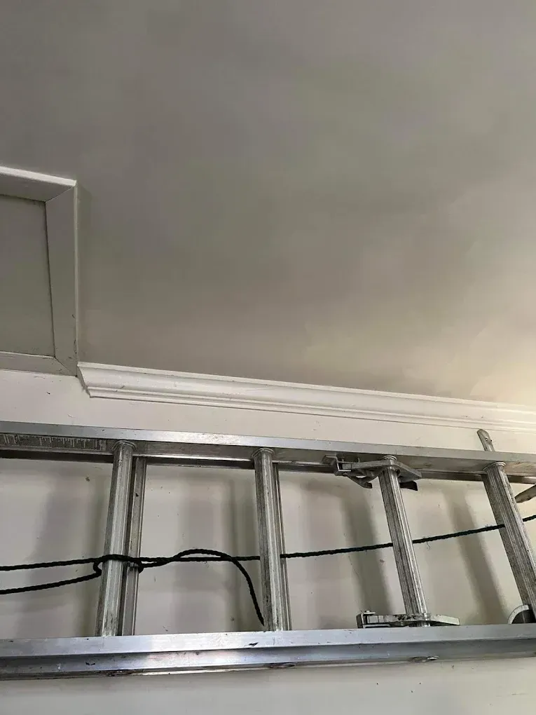 An aluminum extension ladder mounted horizontally against a white wall below a ceiling with crown molding.