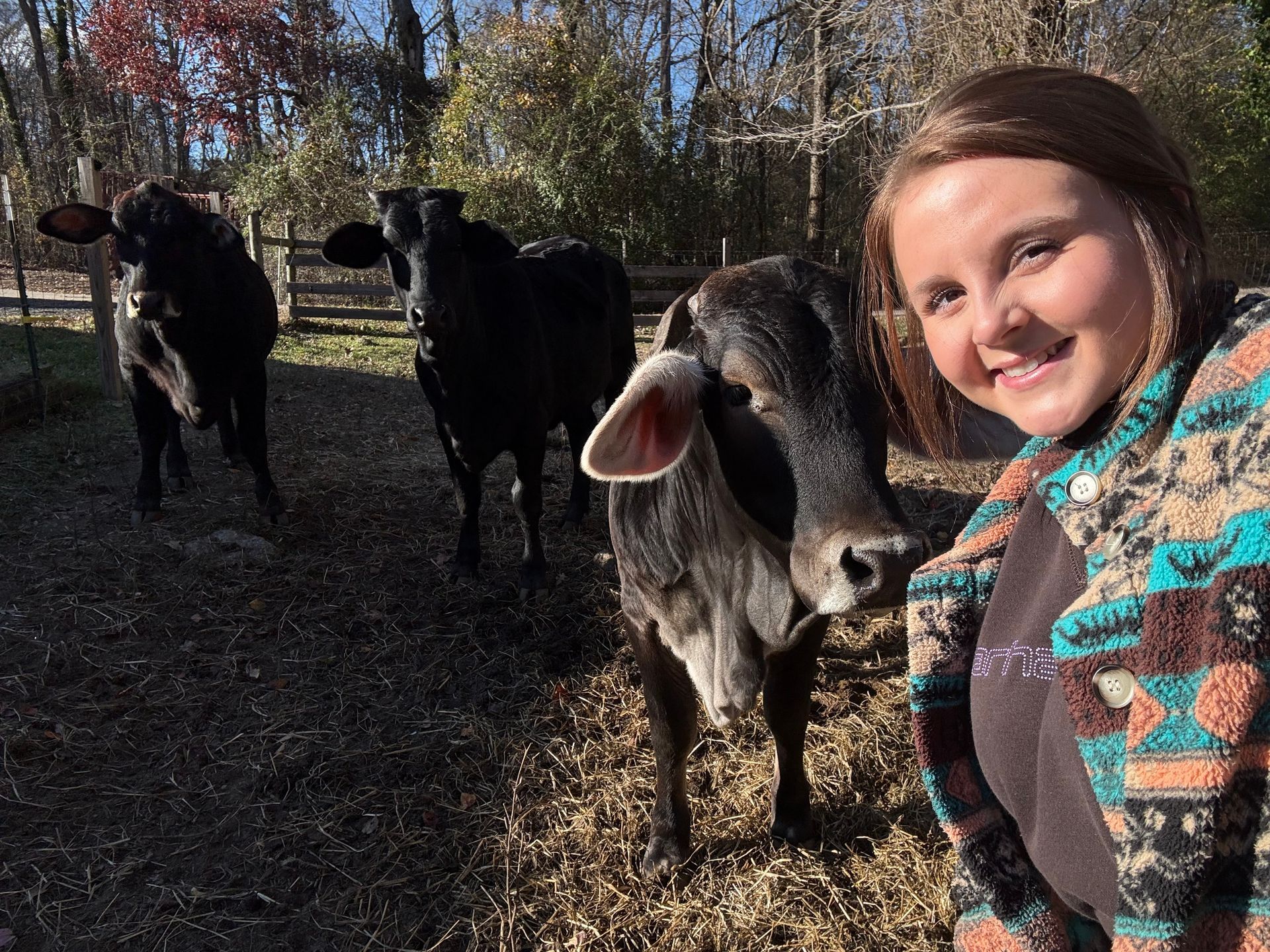 Elisabeth is standing in front of a herd of cows.