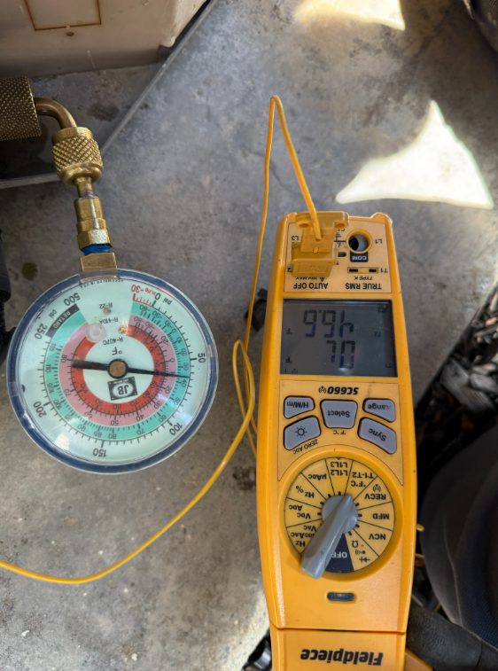 Refrigerant gauges and diagnostic tools used during an AC tune-up
