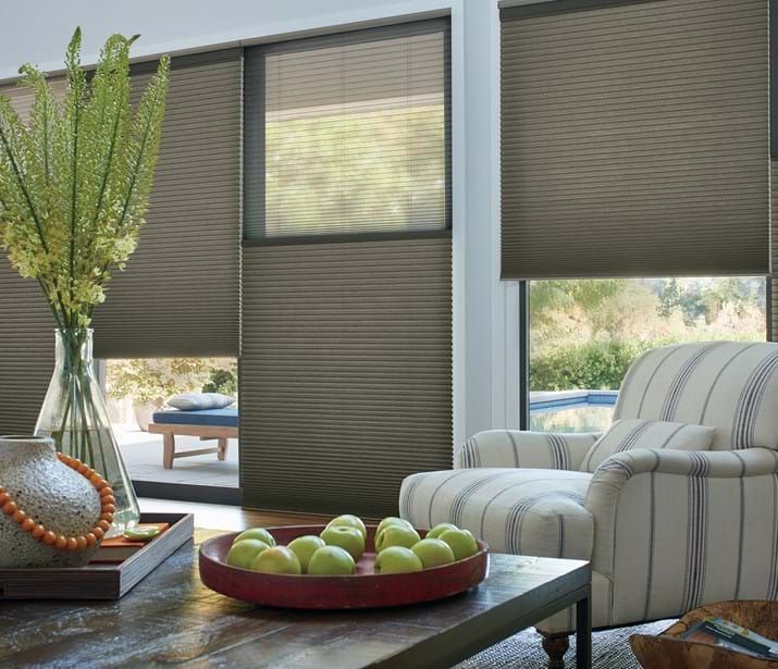 Living room with pleated blinds, striped armchair, table with fruit, and view of outdoor patio.