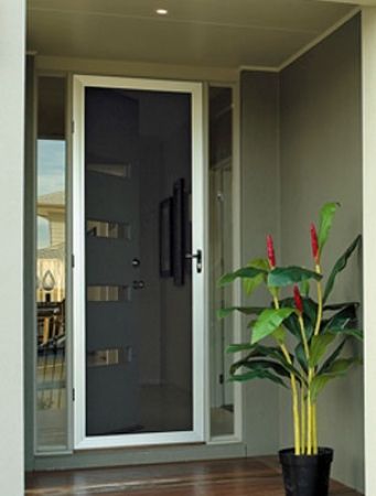 White framed screen door on a grey house with a plant next to it. White framed screen door on a grey house with a plant next to it.