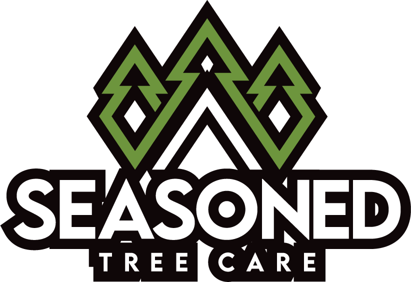 Seasoned Tree Care logo with green tree shapes above bold black text