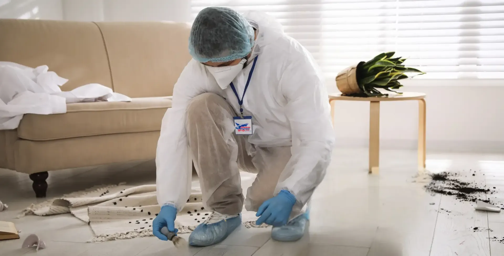 A person in a protective white suit, mask, and blue gloves inspects a floor near a couch and a fallen plant.
