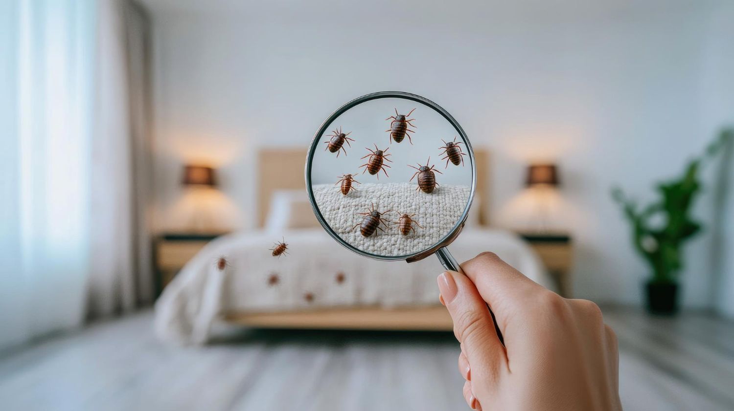Hand holding a magnifying glass over a bed, revealing bedbugs in a softly lit bedroom.