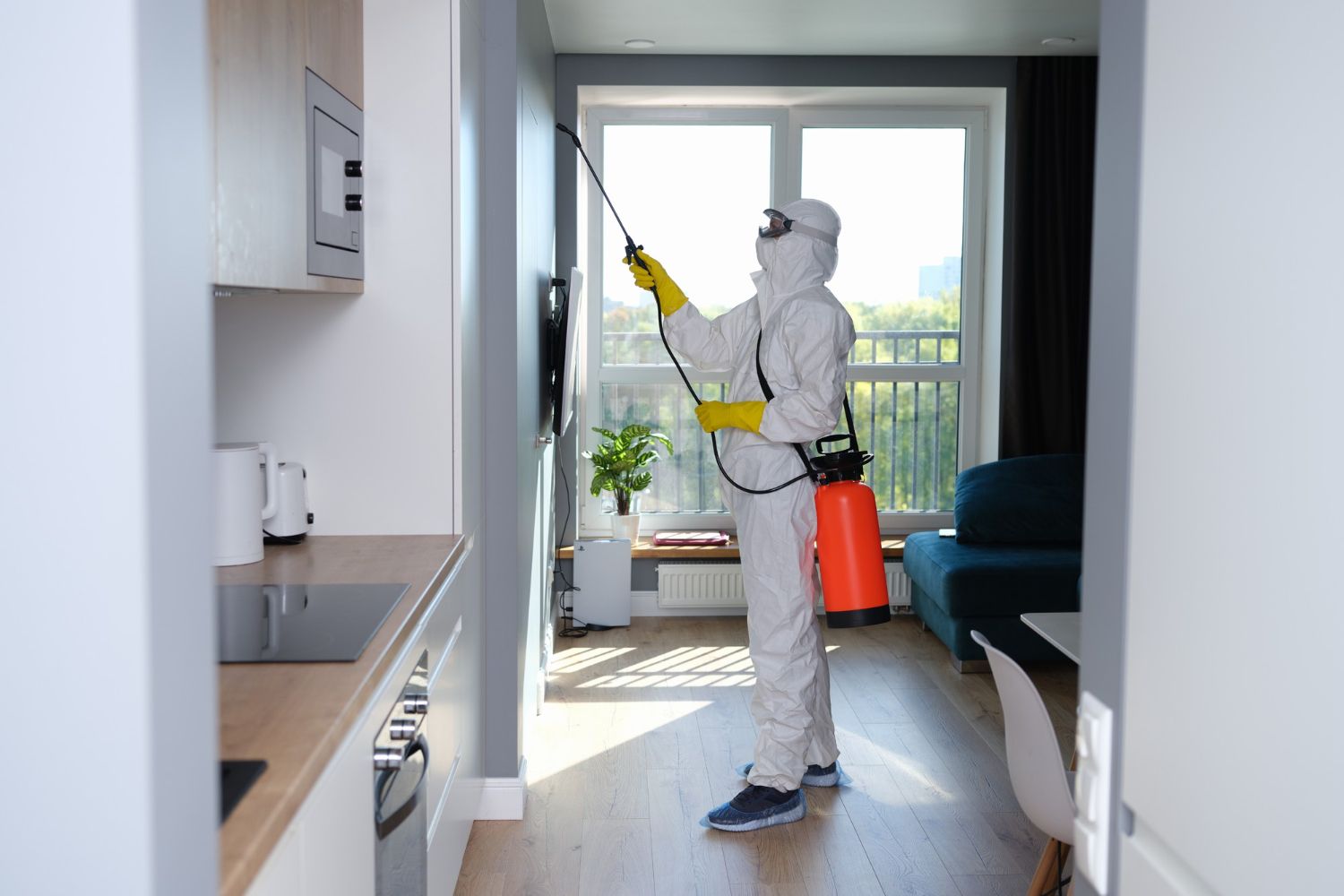 Worker in protective suit spraying disinfectant inside a modern apartment hallway