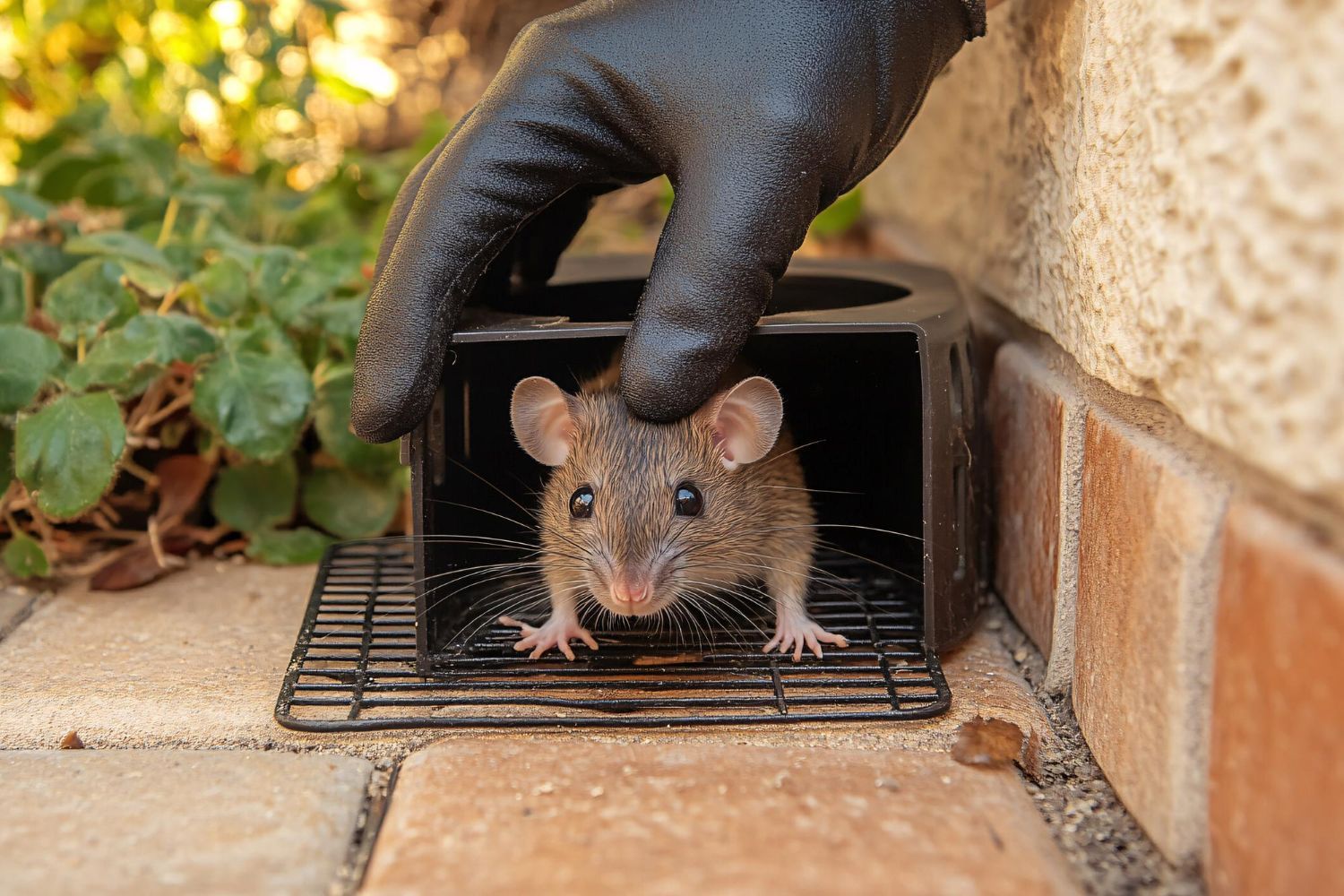 Gloved hand lifting a mouse from a live trap beside a brick wall outdoors