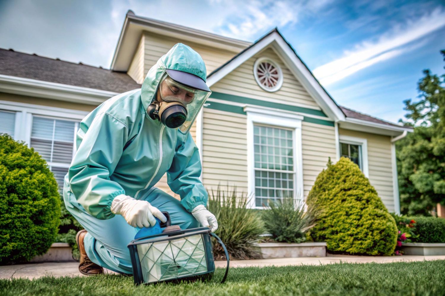 Worker in protective suit spraying pesticide on a lawn in front of a house