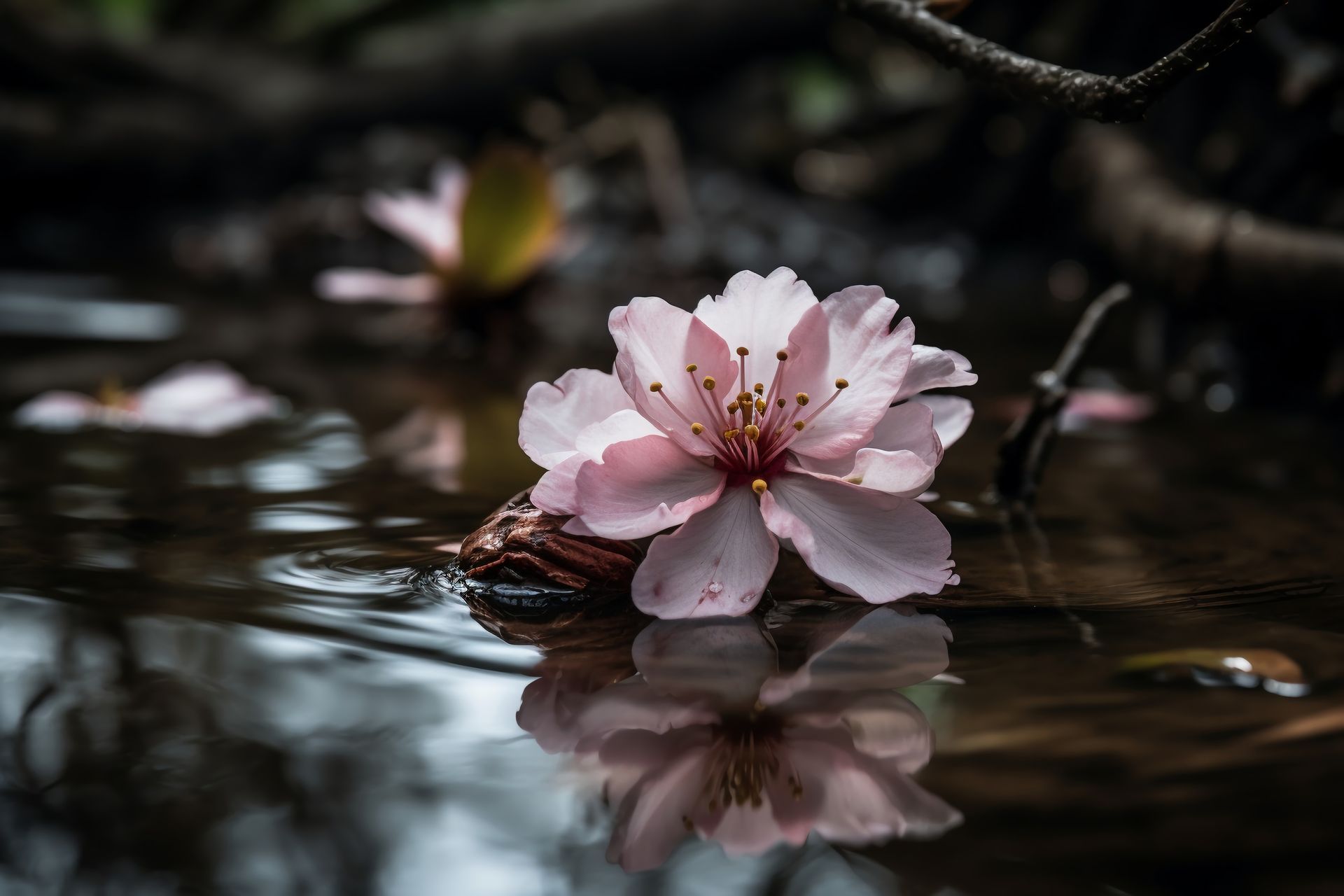 Pink flower floating in water, reflecting its petals. Brown branches in the background.