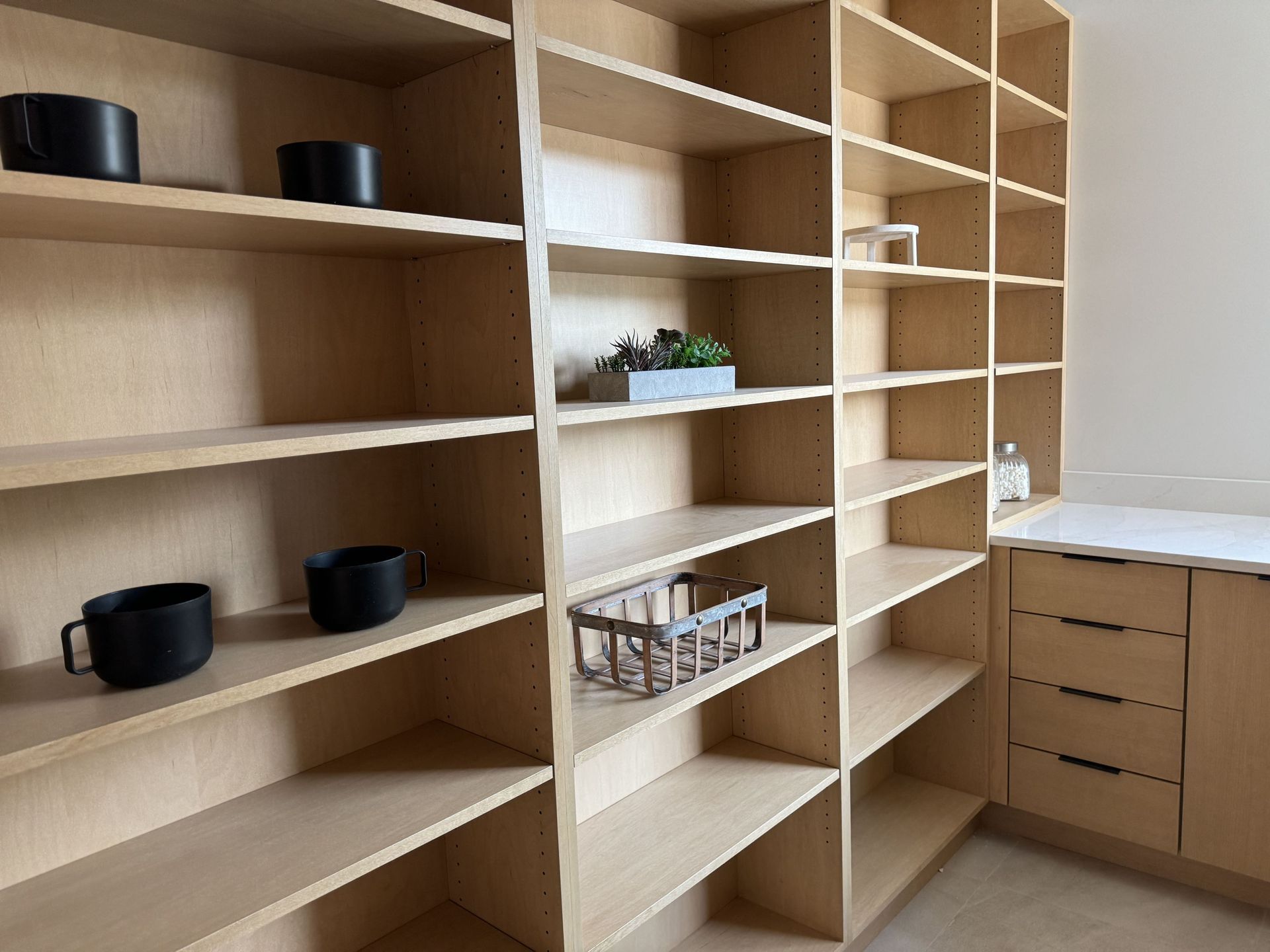 A pantry with lots of shelves and cups on them