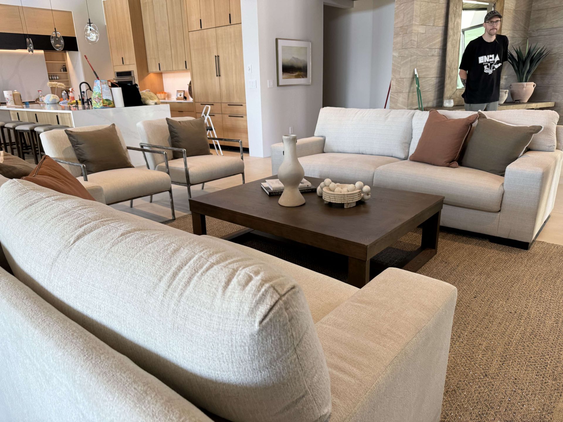 A living room with a couch and a coffee table