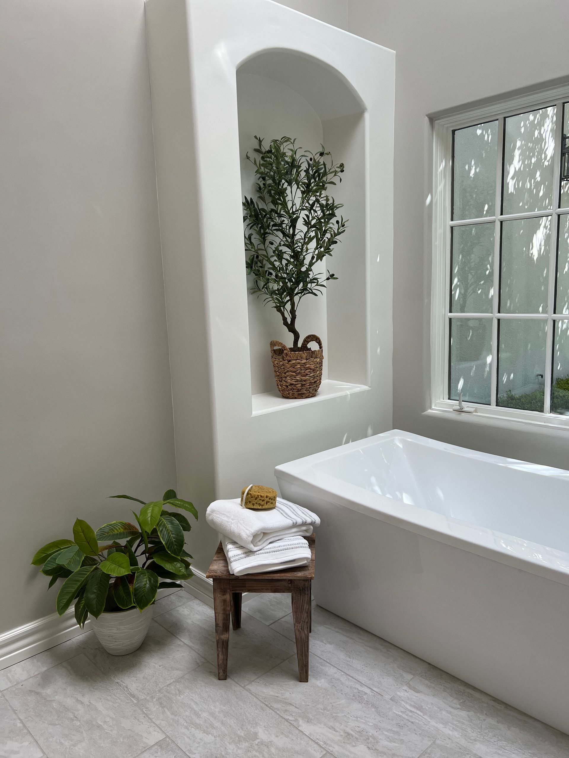 A bathroom with a tub and a plant in the corner