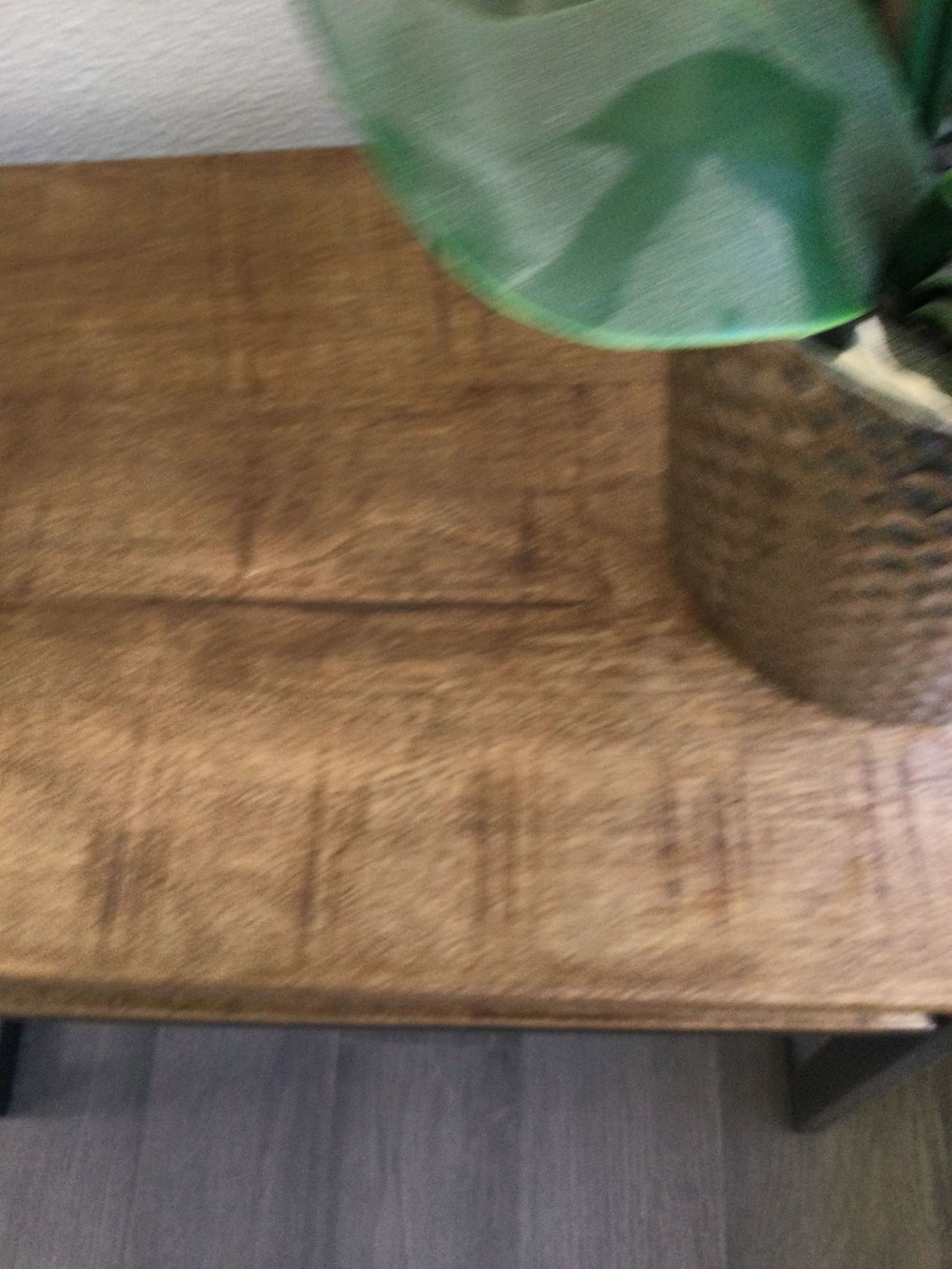 A potted plant is sitting on top of a wooden table.