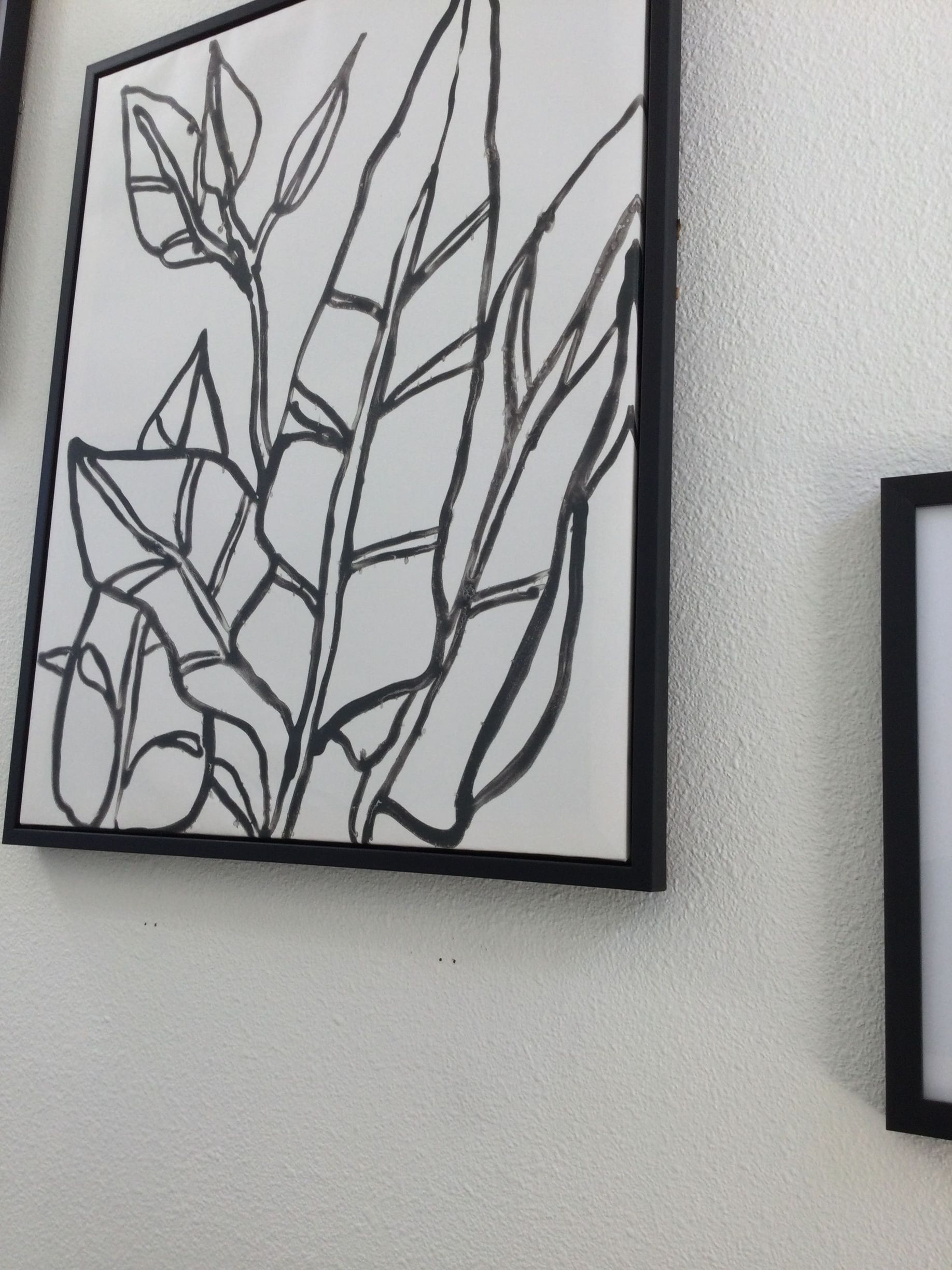 A black and white drawing of leaves on a white wall