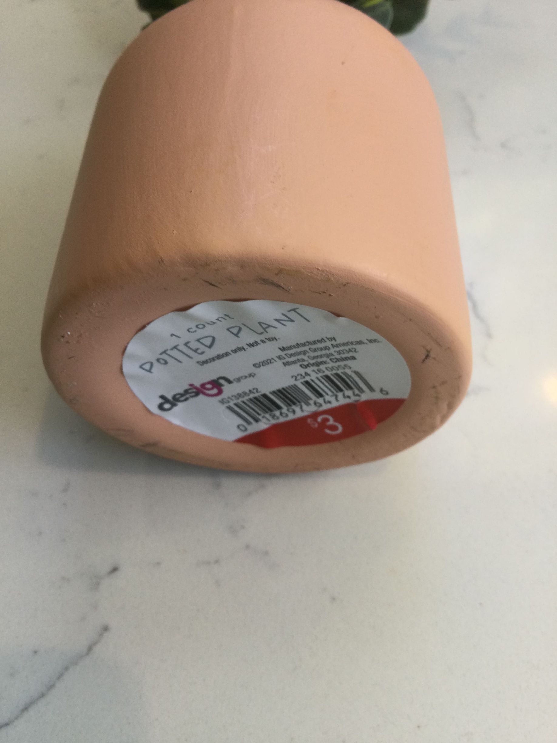 The bottom of a potted plant with a label on it.